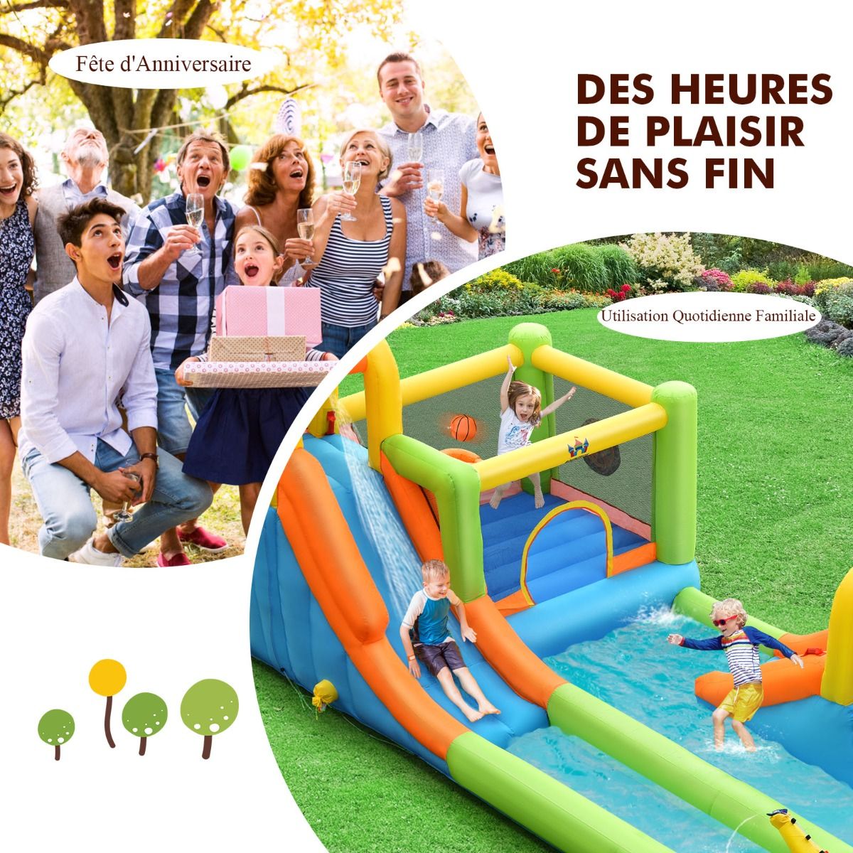 8 in 1 Inflatable Castle with 2 Slides Water Park with Jumping House Load 135kg for 3 Children Ages 3-10 -