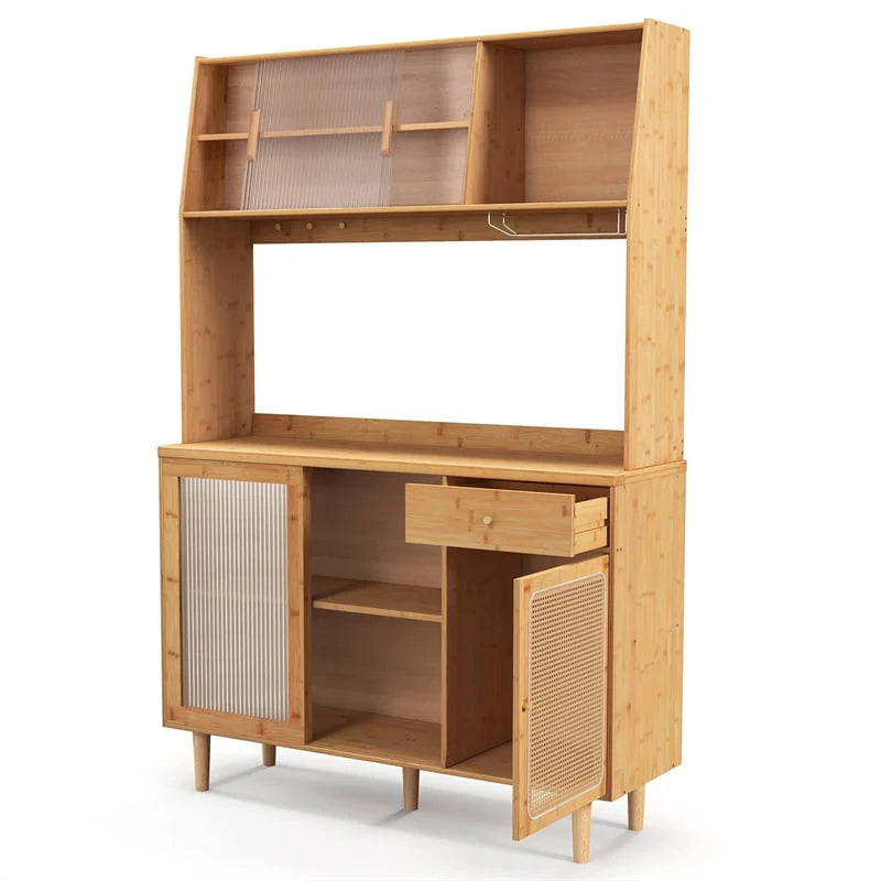 69" Tall Bamboo Kitchen Pantry Hutch Cabinet, Freestanding Buffet Sideboard with Rattan Door - Product image 8