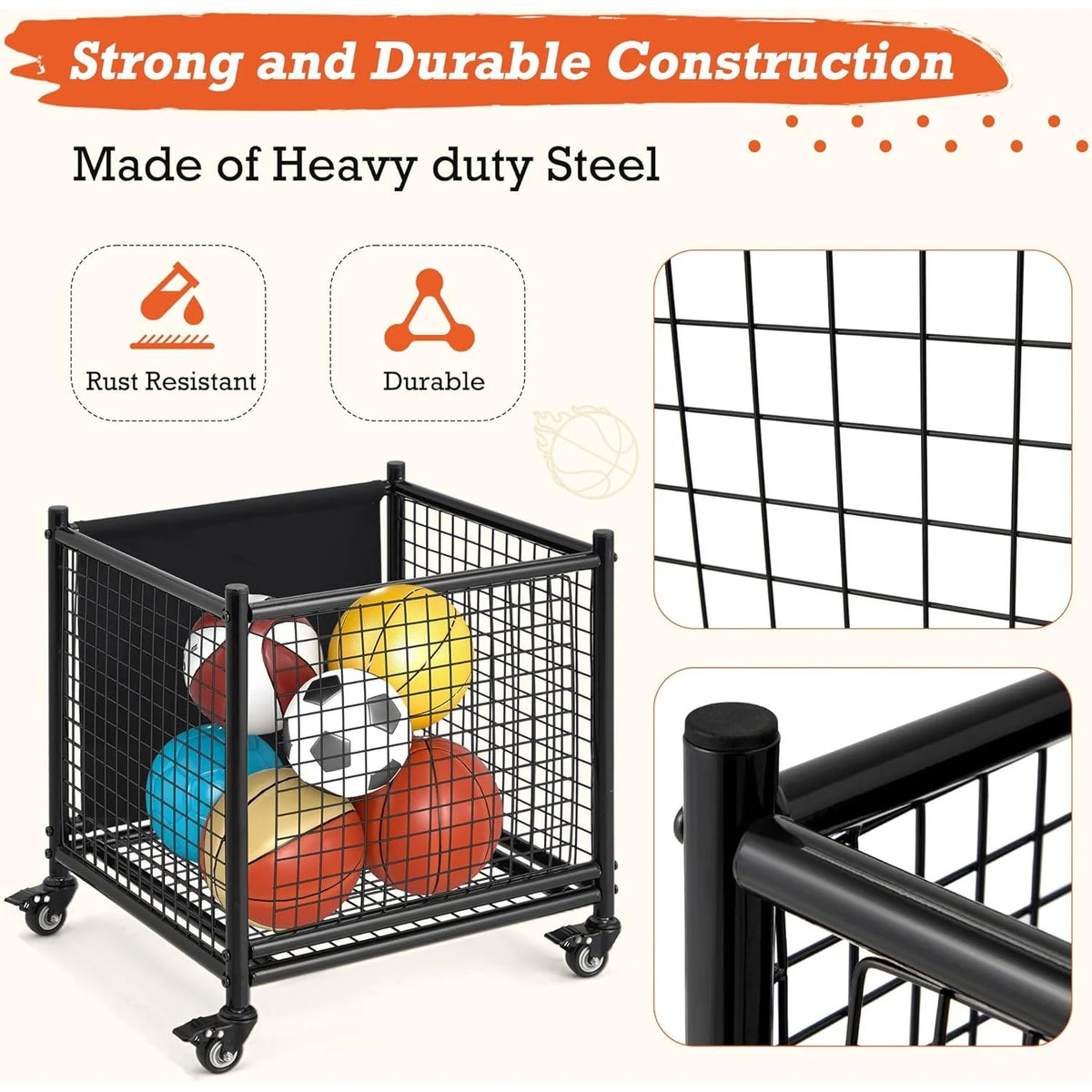 AECOJOY Ball Cart Storage, Rolling Basketball Bin with Wheels for Garage, School, Gym - Product image 5