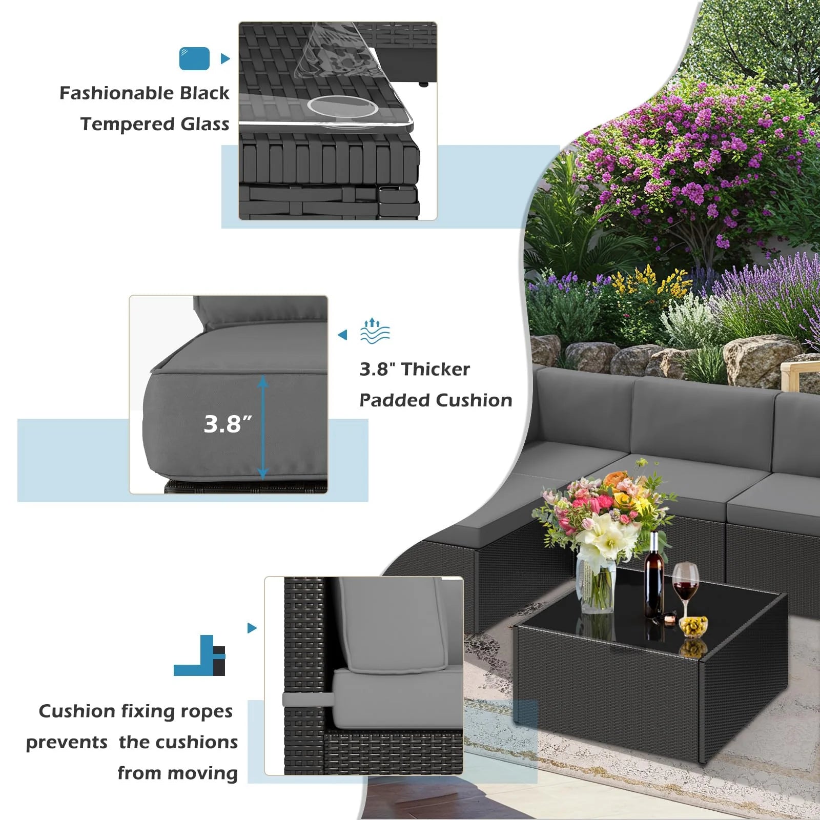 AECOJOY 7 Piece Outdoor Patio Furniture Set, Black & Dark Gray