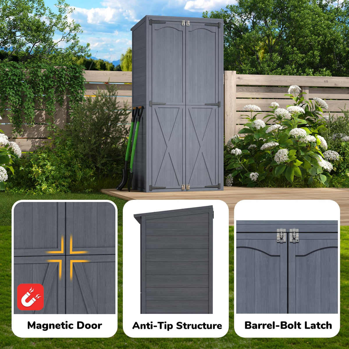AECOJOY Outdoor Wooden Storage Cabinet Weatherproof, Garden Vertical Storage Shed with 3 Adjustable Shelves - Product image 5