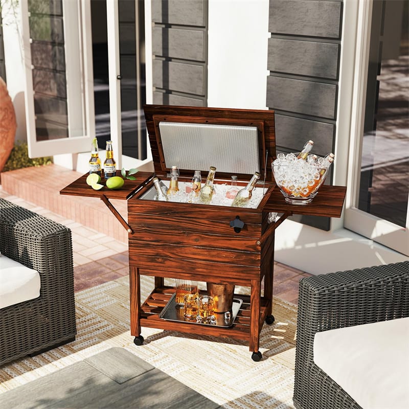 54 Quart Wooden Rolling Cooler Cart, Patio Ice Chest with 2 Drop Leaf Tables, Bottle Opener & Bottom Shelf - Product image 2