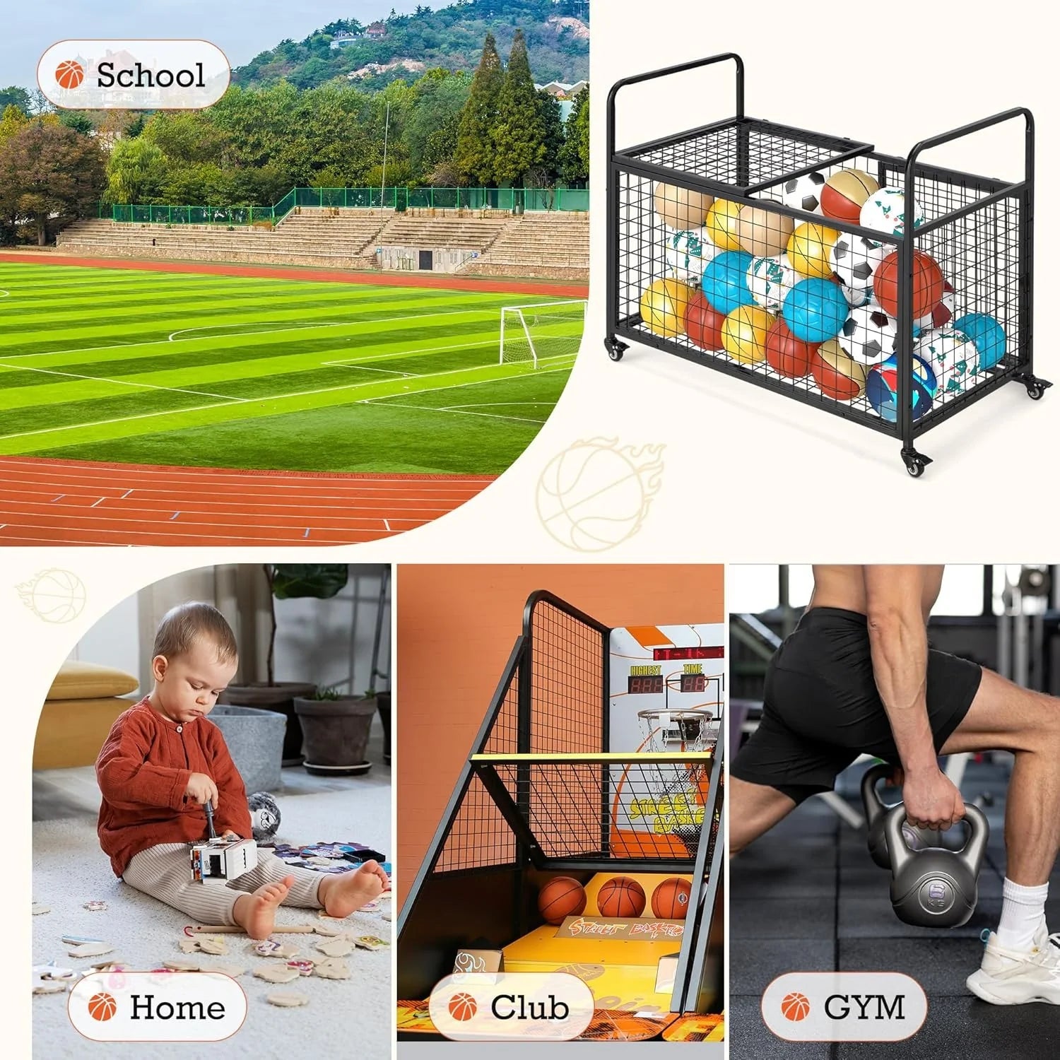 AECOJOY Ball Cart Storage, Rolling Basketball Bin with Wheels for Garage, School, Gym - Product image 7