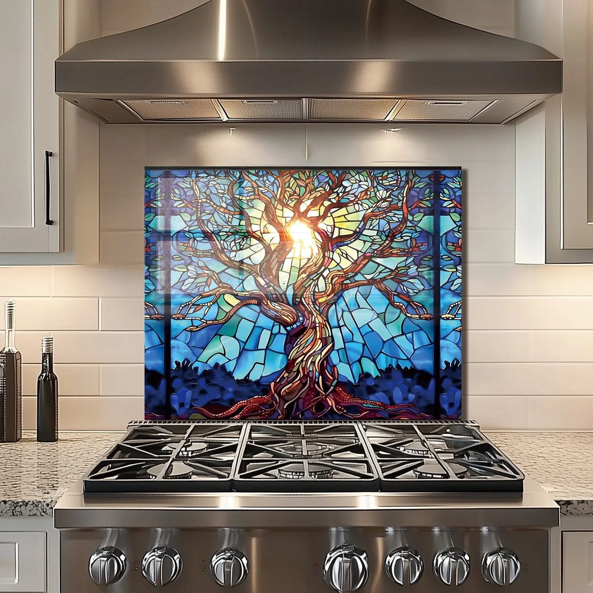 Mosaic Tree of Life Tempered Glass Backsplash for Kitchen Behind Stove, Back Top Cover - Product image 9