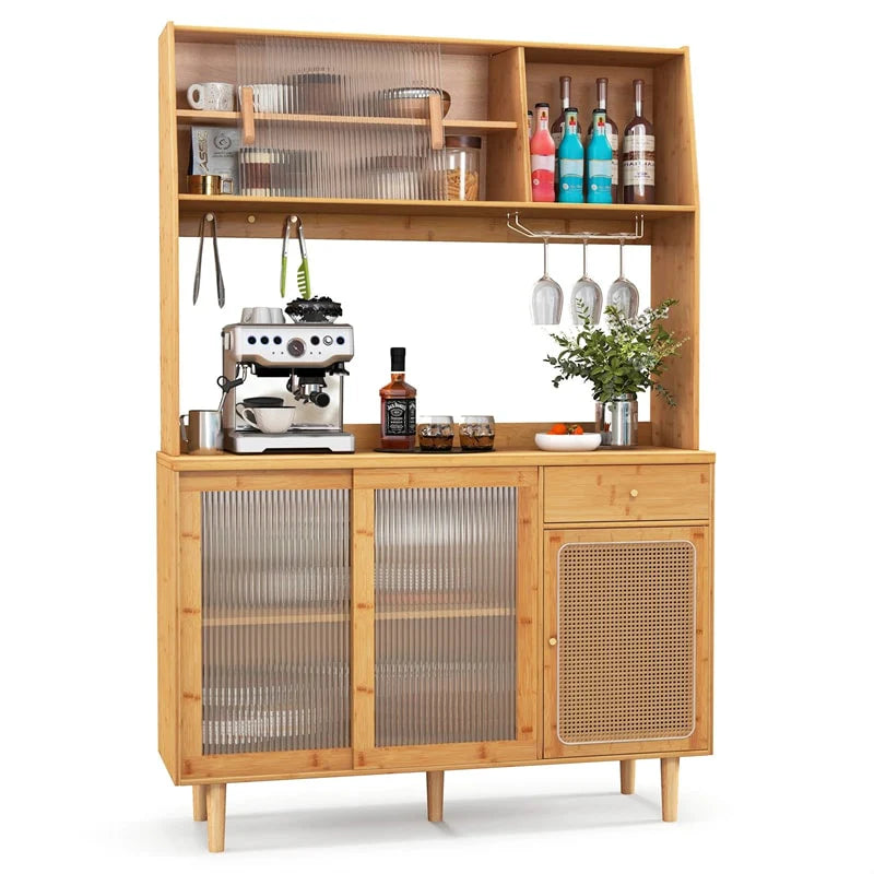 69" Tall Bamboo Kitchen Pantry Hutch Cabinet, Freestanding Buffet Sideboard with Rattan Door - Product image 1