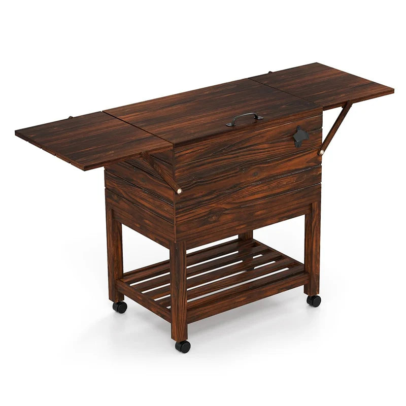 54 Quart Wooden Rolling Cooler Cart, Patio Ice Chest with 2 Drop Leaf Tables, Bottle Opener & Bottom Shelf - Product image 4